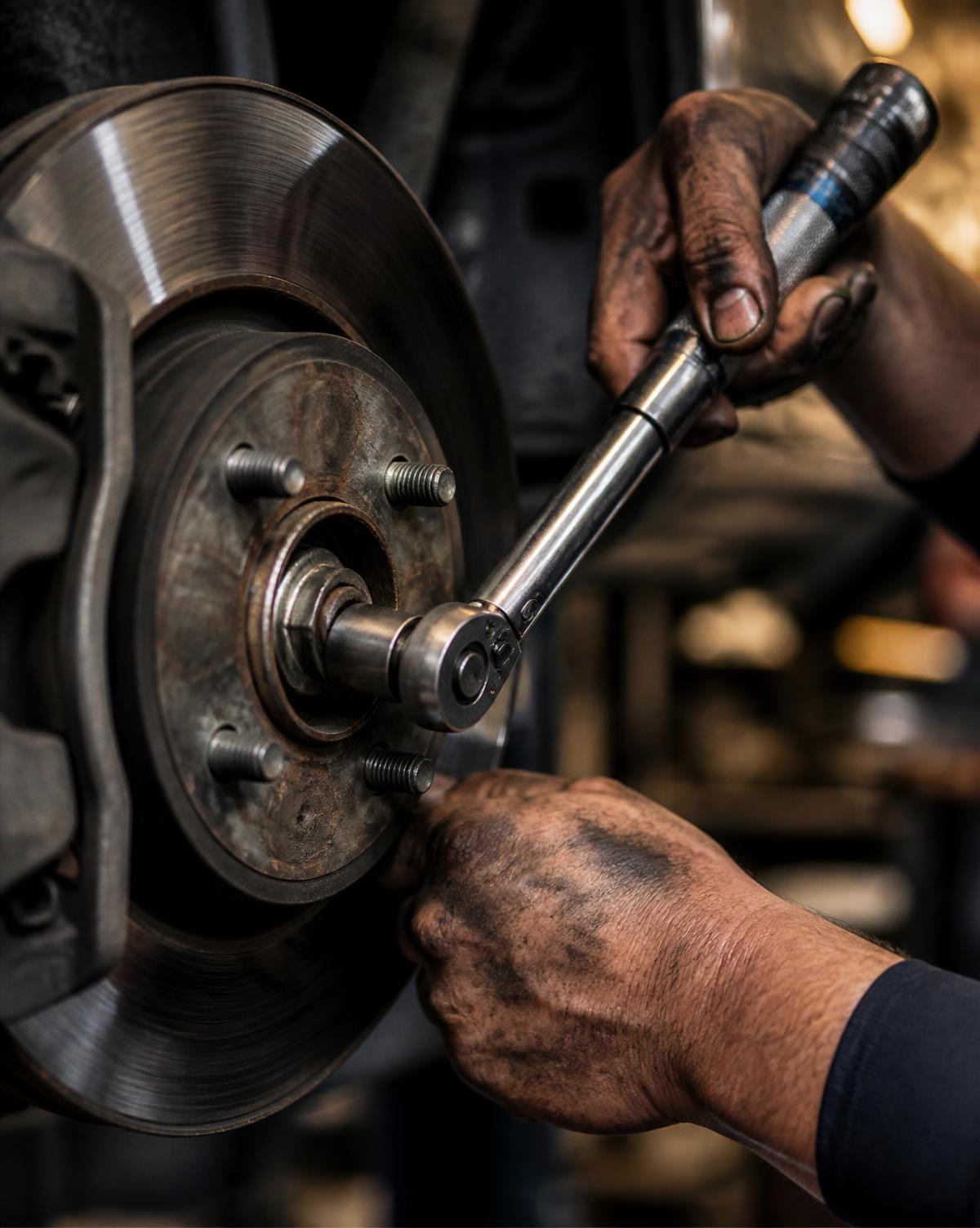 Mechanic torquing a brake rotor by hand